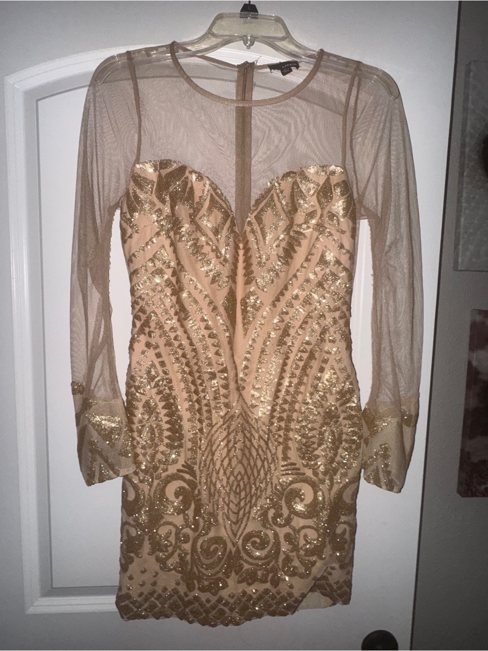 A.PEACH Gold Sequin Mesh Sheer Long Sleeve Bodycon Mini Dress Size M